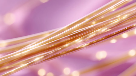 Colorful strands of light float gracefully against a soft pink backgroundの素材