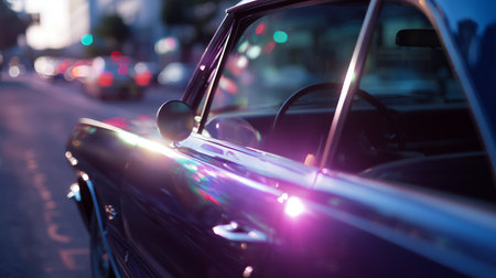 Vintage car reflecting city lights during evening traffic on urban streetの素材
