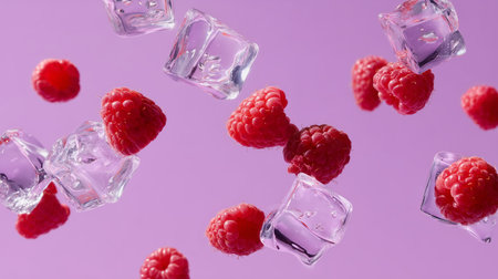 Floating raspberries and ice cubes create a refreshing summer drink sceneの素材