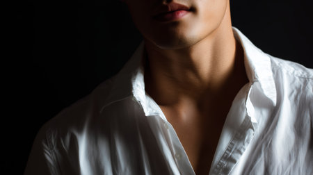 Stylish man in a white shirt poses against a dark background during an evening shootの素材