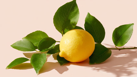 Bright lemon with green leaves resting on a soft surfaceの素材