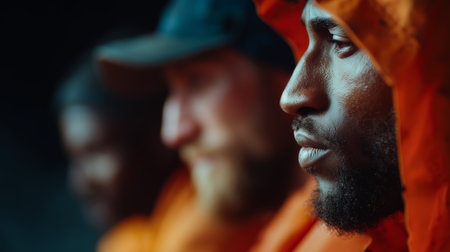 Men wearing orange jackets show determination during a rainy outdoor event in the mountainsの素材