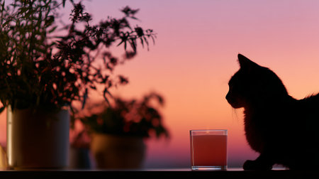 Silhouette of a cat by a glass and plants during a colorful sunsetの素材