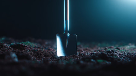 Shovel resting in dark soil under soft light during an evening work sessionの素材