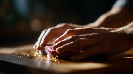 Cooking meat on a wooden cutting board with hands focused on preparationの素材