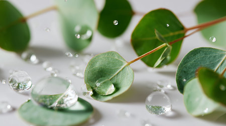 Eucalyptus leaves with water drops creating a fresh and natural look on a white backgroundの素材