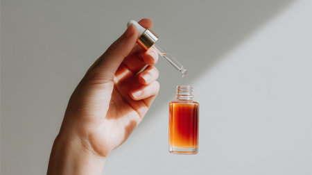 Hand holding dropper over a small bottle of oil in soft natural lightの素材
