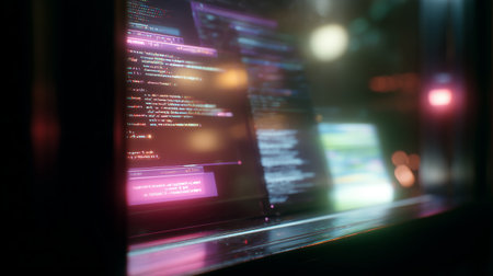 Colorful computer code displayed on a screen in a dark environment at nightの素材