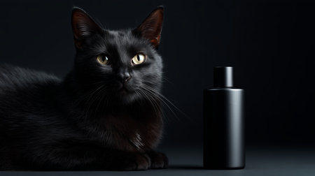 Black cat poses elegantly beside a sleek black bottle on a dark backgroundの素材