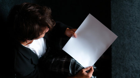 Person sitting on the floor holding a blank sheet of paper in a relaxed and informal settingの素材