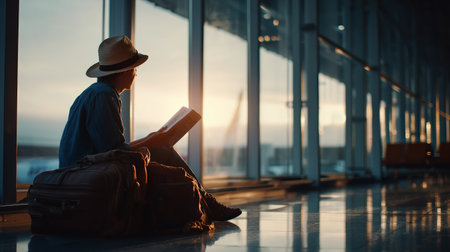 Traveler enjoying a book while waiting at an airport during sunsetの素材