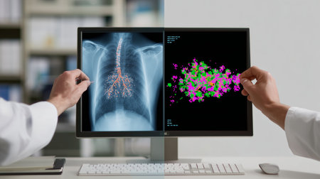 Medical professional examines lung scan and data analysis on computer screen in a clinicの素材