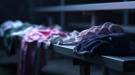 Clothes left on a bench at night after a sports event in the parkの素材