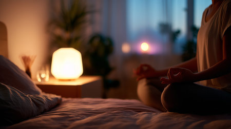 Meditation session in a cozy bedroom during evening hoursの素材