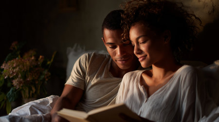 Couple reading together in soft light while relaxing in bed during the eveningの素材