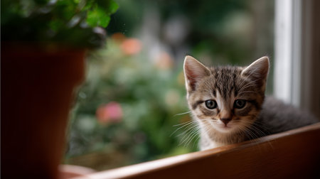 Curious kitten looking out the window in a cozy indoor settingの素材