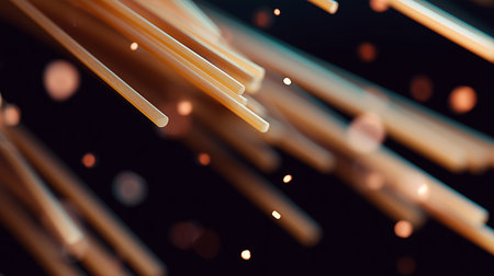 Interesting strands of pasta floating in a dark background with glowing specks of lightの素材