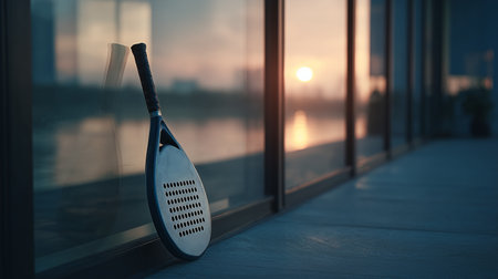 Sunset reflection with a paddle resting by glass walls near the waterの素材