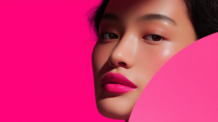 Bright pink background highlights makeup artistry on models face in modern fashion settingの素材