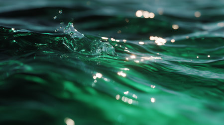 Calm waves create sparkling reflections in green water sunlight at middayの素材