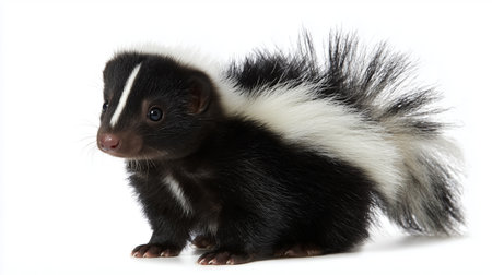Young skunk stands on a white background showcasing its fluffy tail and striped fur patternの素材