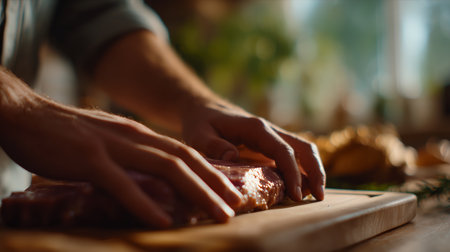 Preparing meat for cooking in a cozy kitchen on a bright afternoonの素材