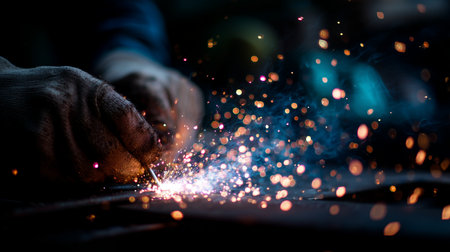 Skilled welder creates bright sparks during metalworking at a workshopの素材