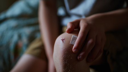 Child tending to a minor knee injury at home during daylight hoursの素材