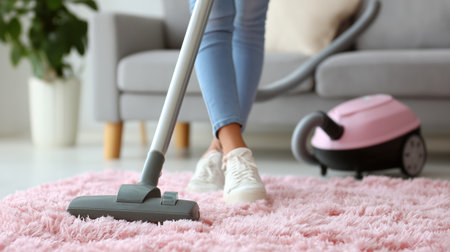 Vacuuming soft pink carpet at home on a sunny afternoon with a modern vacuum cleanerの素材