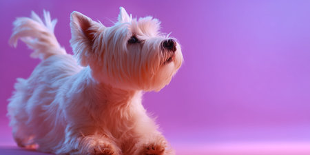White dog relaxing under vibrant purple lighting in a cozy indoor settingの素材