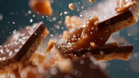 Chocolate and caramel pieces burst apart in a flavorful explosion of textureの素材