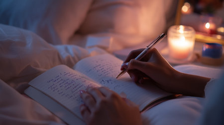 Writing in a notebook by candlelight during a cozy night in bedの素材