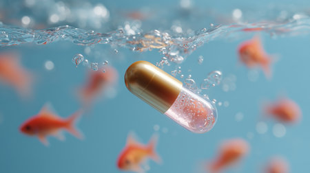 Floating capsule amidst colorful goldfish in tranquil water settingの素材