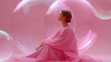 Model poses gracefully with pink bubbles in a soft and dreamy settingの素材