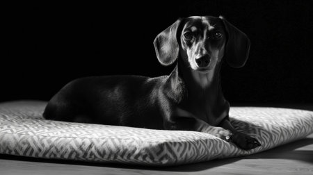 Dachshund resting quietly on a patterned cushion in a low-light settingの素材