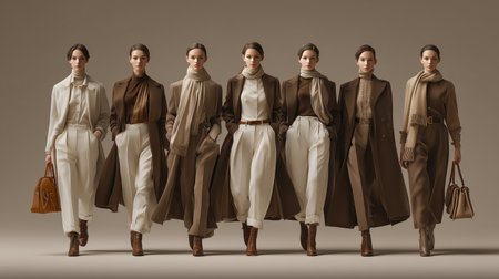 Models walk in stylish brown outfits during a fashion showcase in a neutral settingの素材