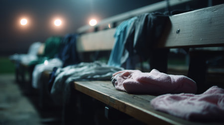 Clothes left on benches after a late night sports practice in a dimly lit fieldの素材