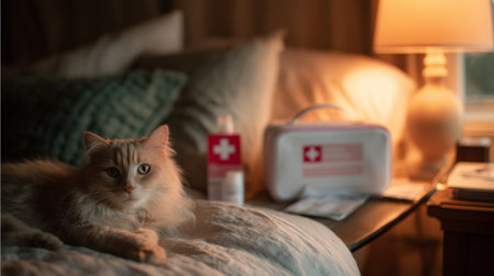 Cozy cat resting on bed near lamp and first aid kit in a softly lit roomの素材