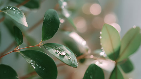 Leaves glistening with water droplets in a bright indoor space during daylightの素材