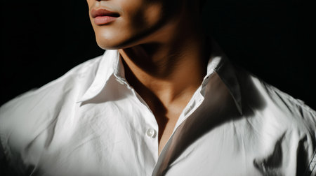 Portrait of a man in a white shirt against a dark background, showcasing elegance and simplicityの素材
