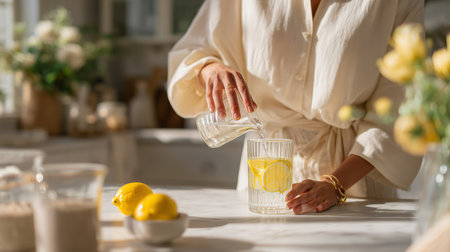 Refreshing lemon drink preparation in a bright kitchen during daylight hoursの素材