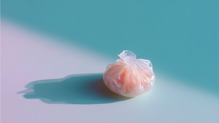 Brightly lit plastic bag resting on a smooth surface with soft shadows at middayの素材