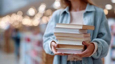 Student carries stack of books in a cozy library setting during the dayの素材