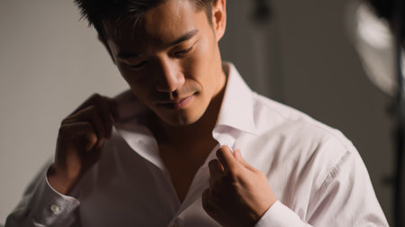 Man adjusting his collar in a stylish studio setting during a fashion shootの素材