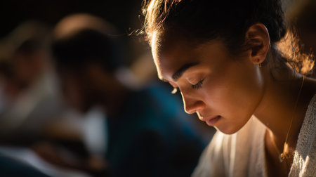 Students engaged in focused study during evening session at learning centerの素材