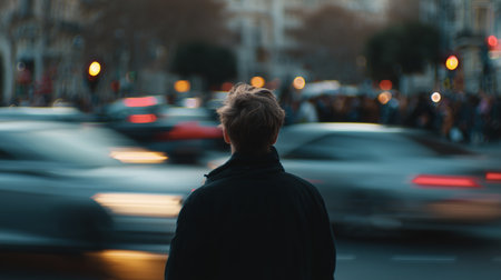 Person standing still while traffic moves quickly in a busy city street at duskの素材