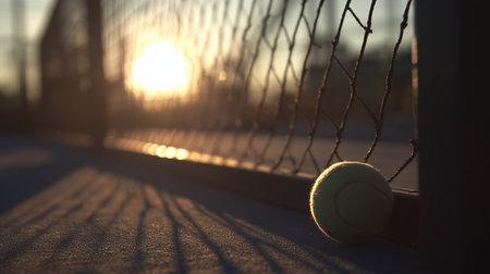Sunset over tennis court with tennis ball on ground near netの素材