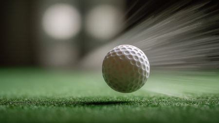 Golf ball in motion on green surface during a sunny day at the driving rangeの素材