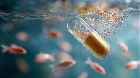 Capsules float in water among small fish in an underwater sceneの素材
