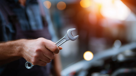 Mechanic holding wrench while working on car engine in busy workshop during sunny afternoonの素材